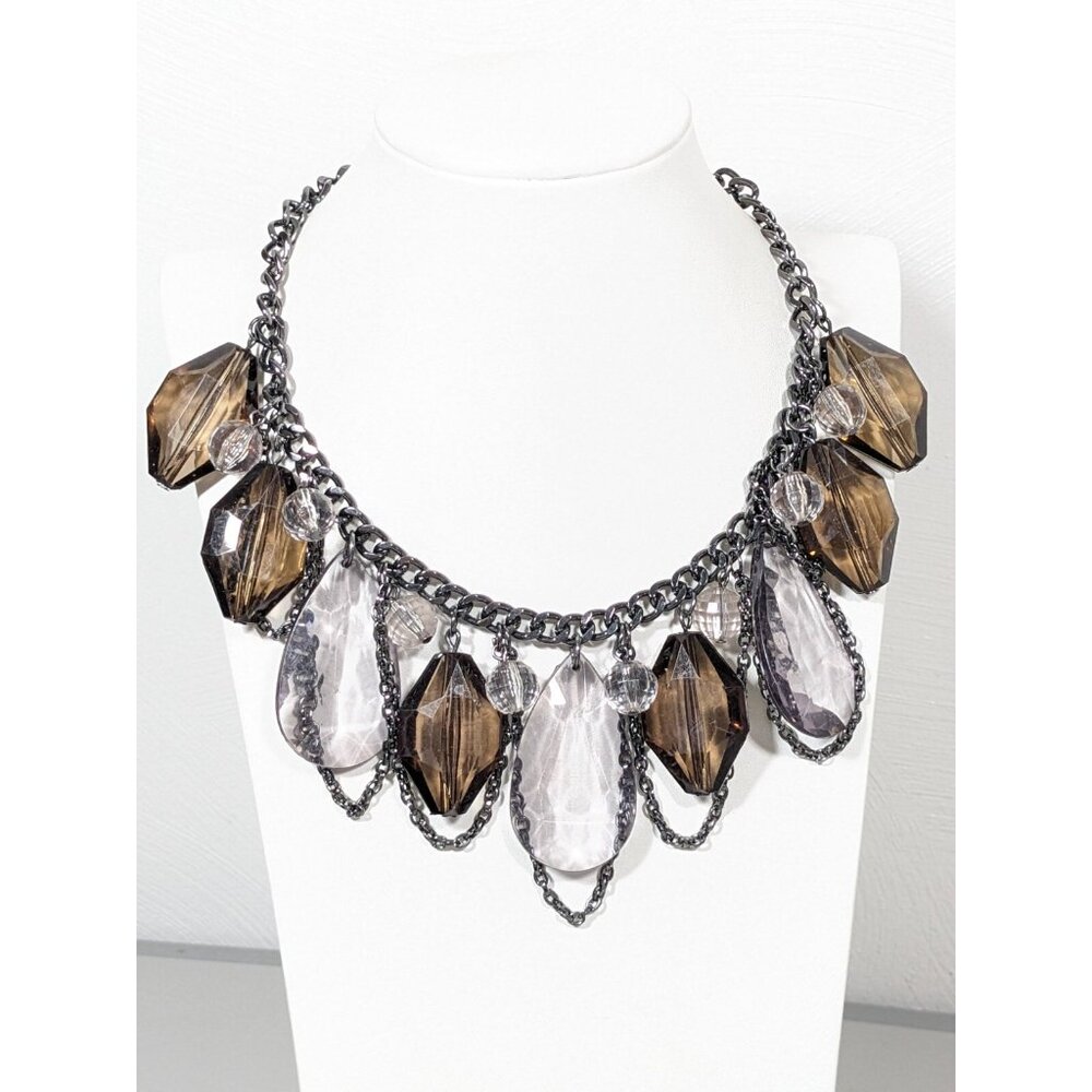 Gray Metallic Drape Chain Brown Acrylic Oval Teardrop Charm Bold Necklace 18 in